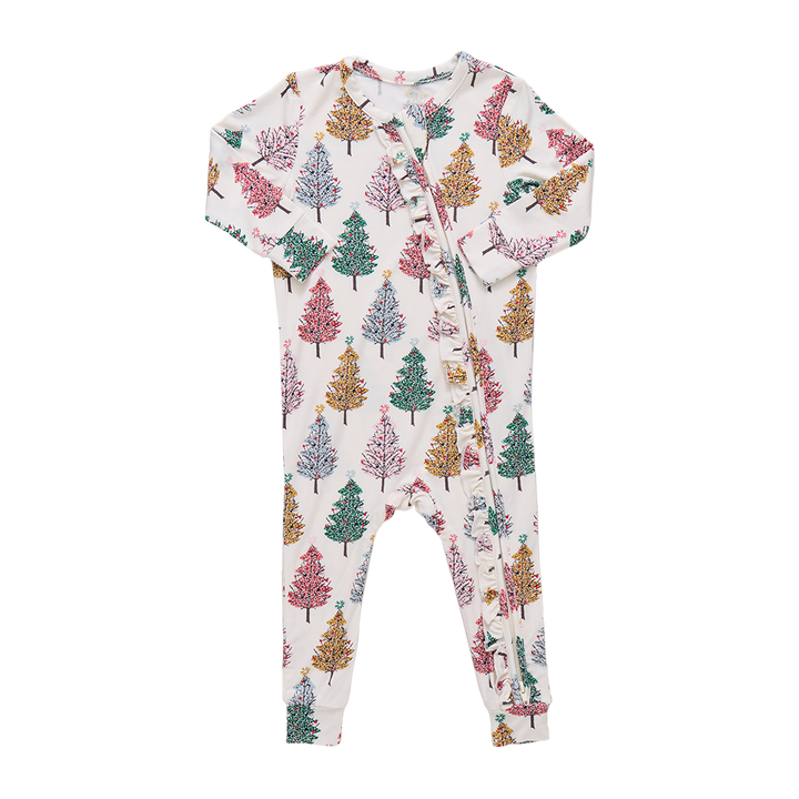 Baby Ruffle Bamboo Romper - Multi Christmas Trees