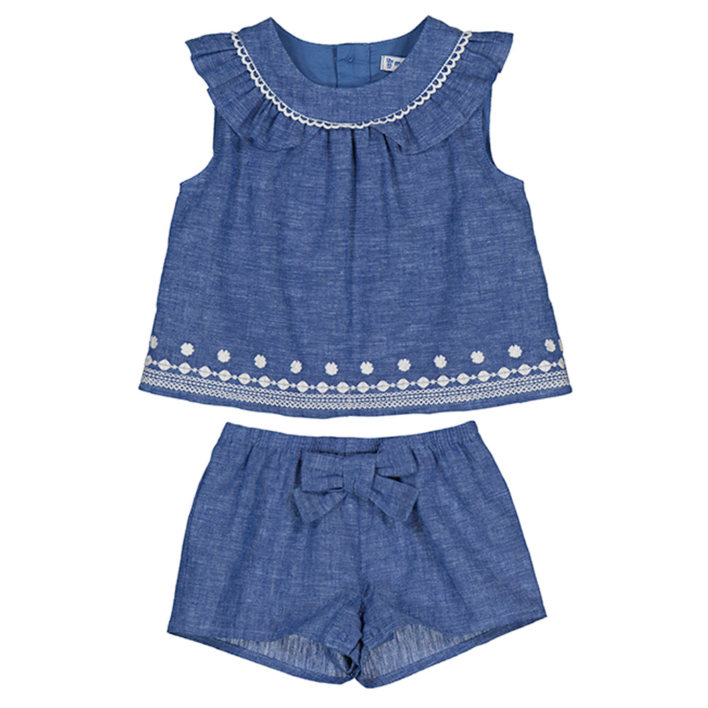 Blue Embroidered Linen Short Set