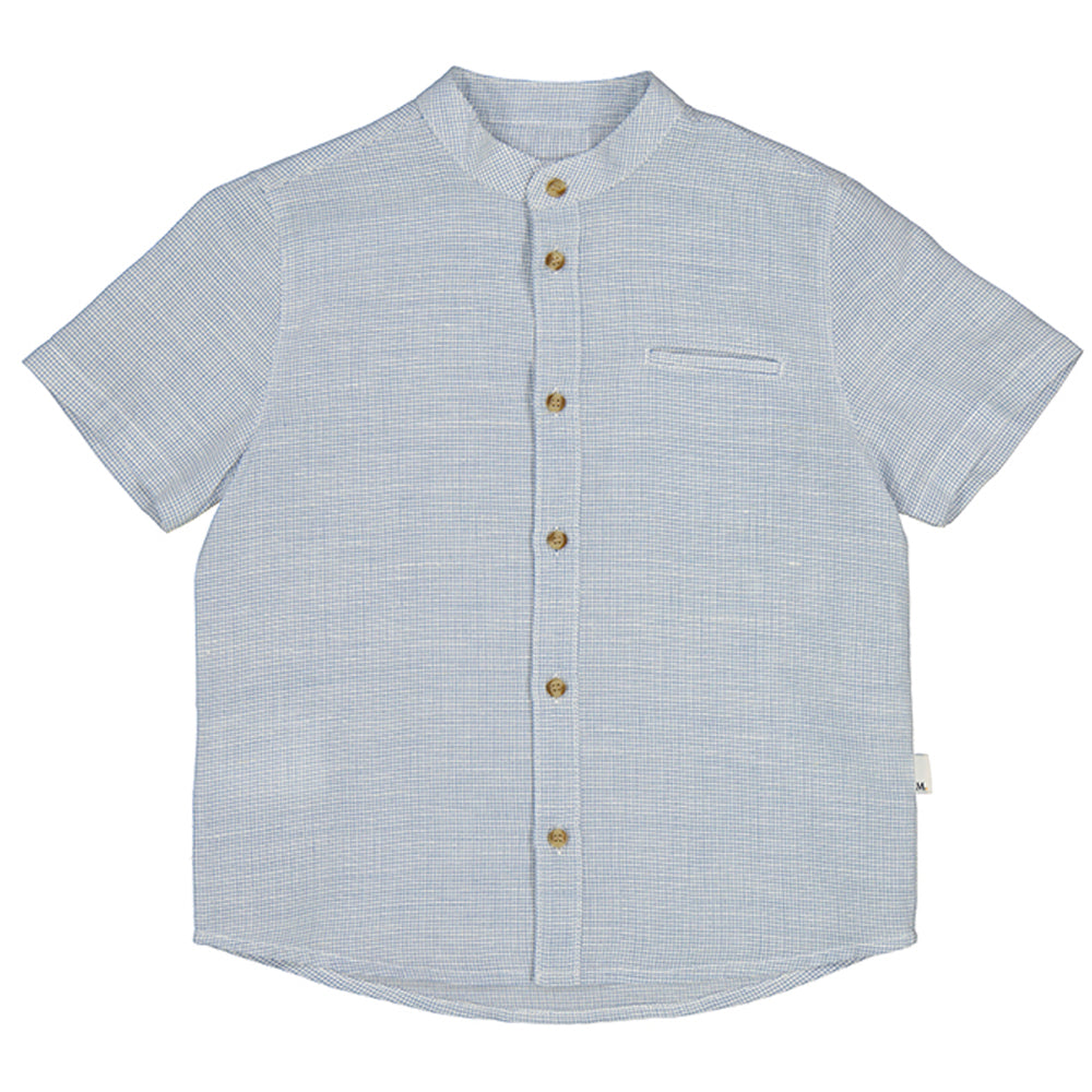 Blue Short Sleeve Linen Mao Collar Shirt