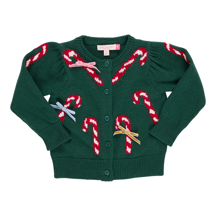 Girls Constance Sweater - Green Candy Cane Bows