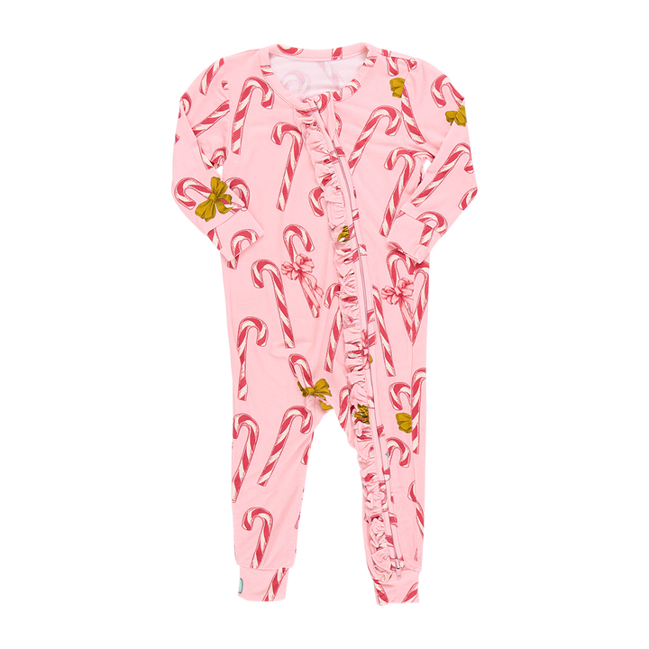 Baby Girls Bamboo Ruffle Romper - Pink Candy Cane Lane