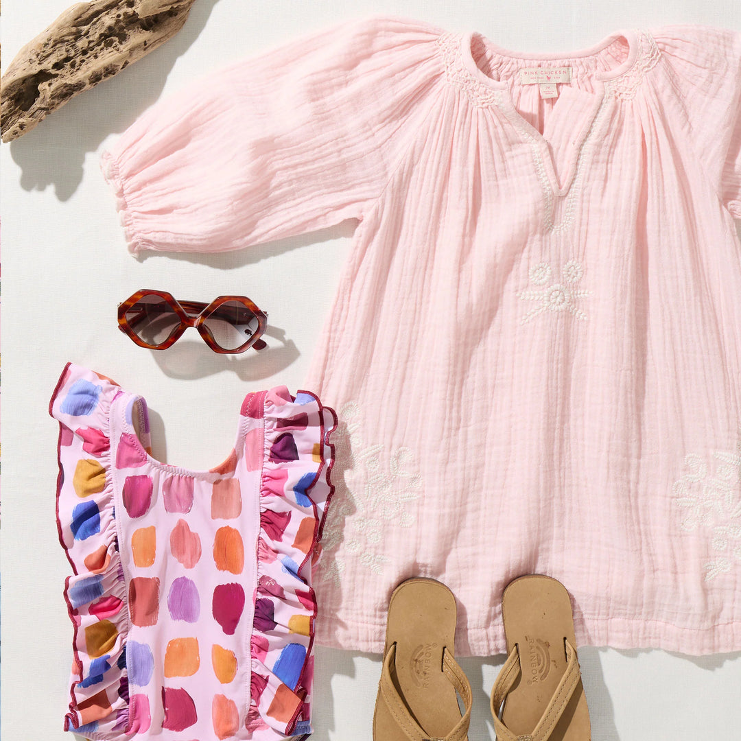 Girls Ava Dress - Pink White Embroidery