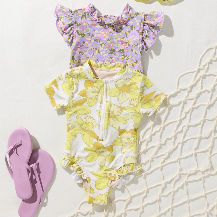 Girls Short Sleeve Arden Suit - Yellow Daffodils