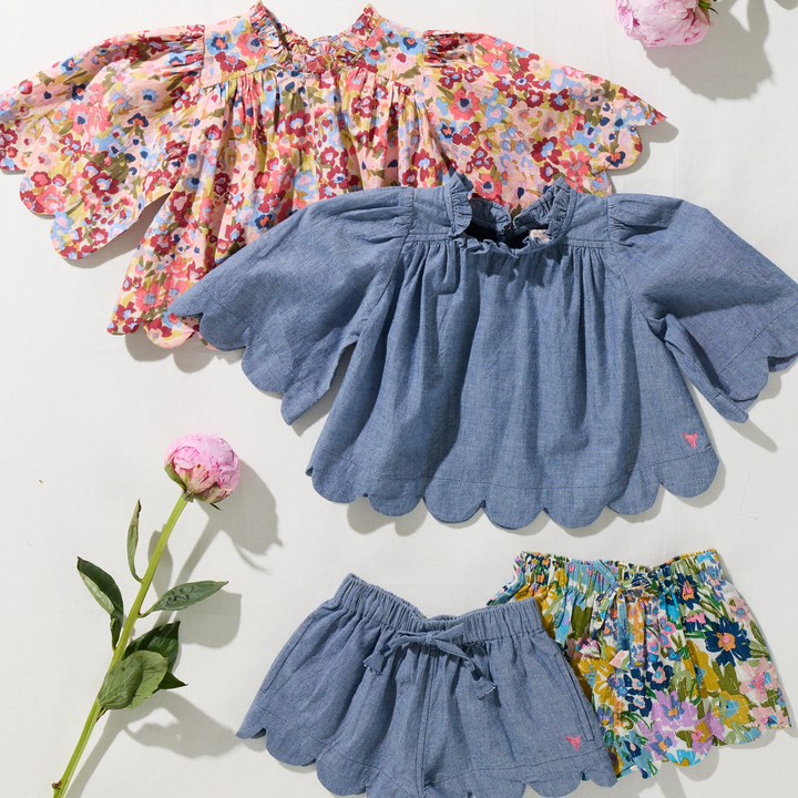 Girls Scallop Short - Blue Large Sketched Floral