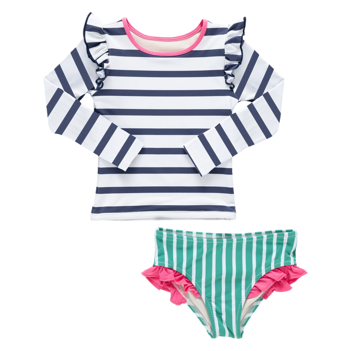 Girls Rash Guard Set - Navy Stripe