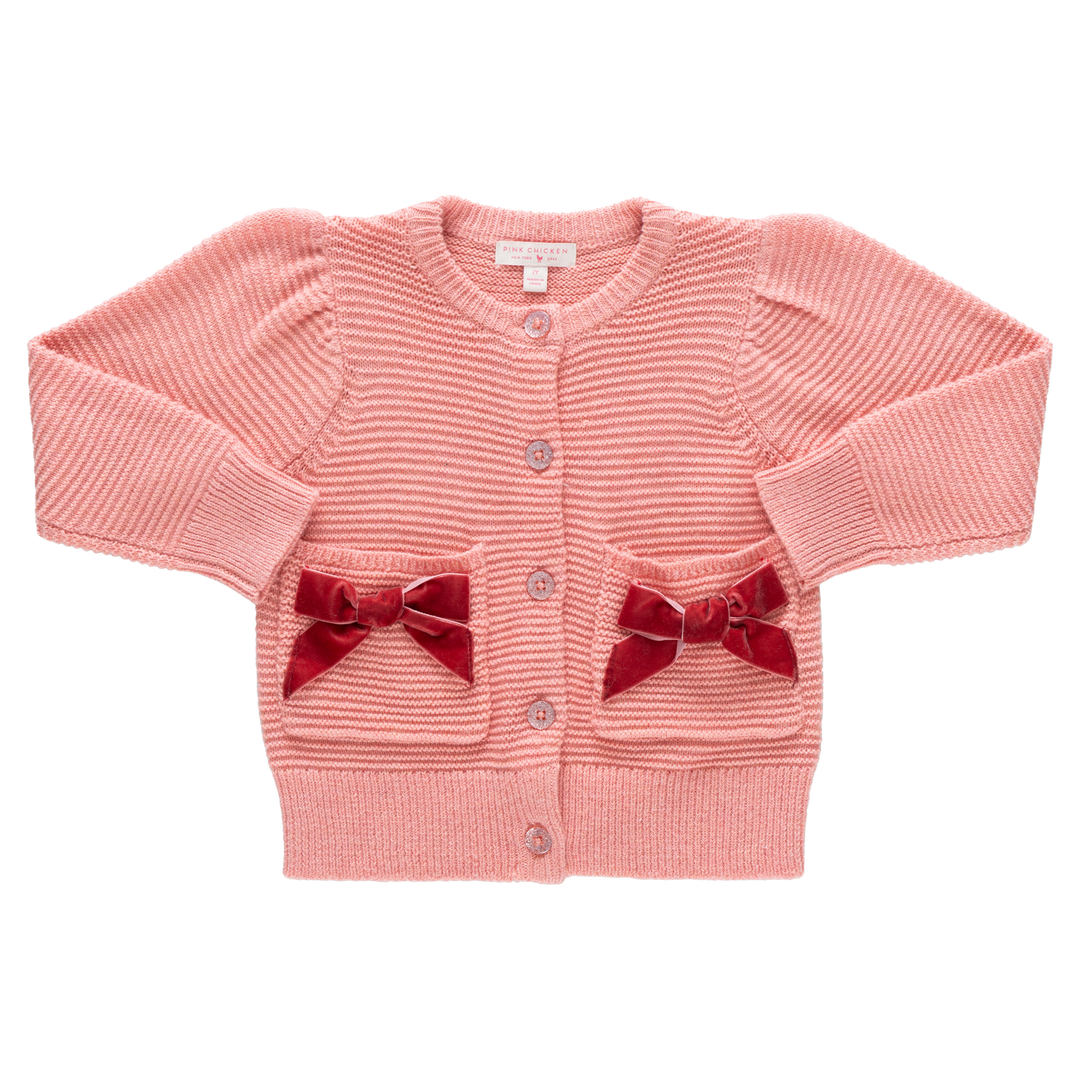 Girls Bow Pocket Sweater - Red Velvet Bows
