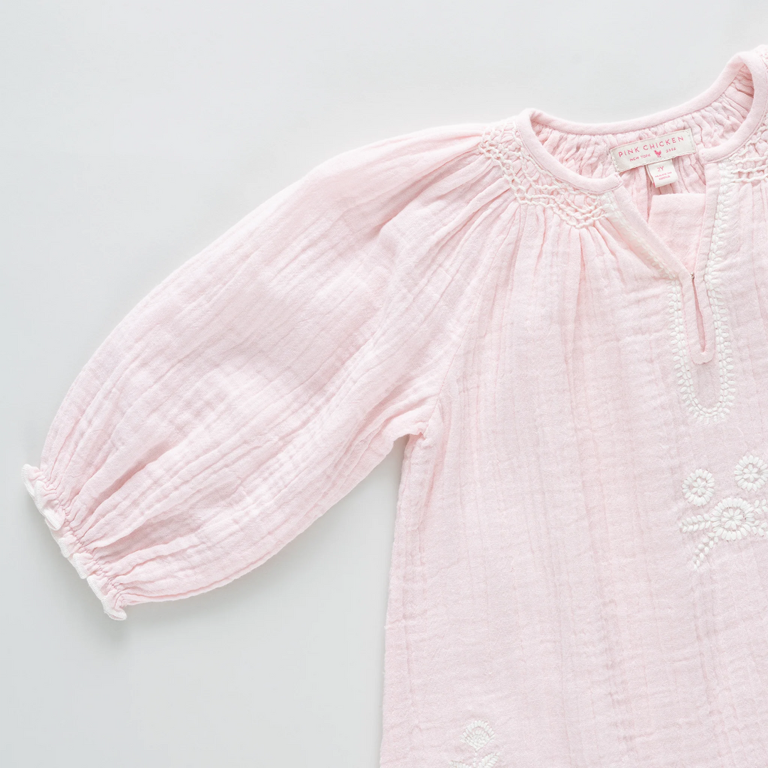 Girls Ava Dress - Pink White Embroidery