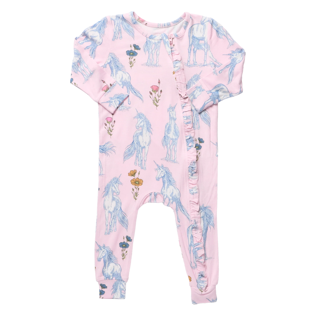 Baby Girls Ruffle Bamboo Romper - Pink Unicorn Fields