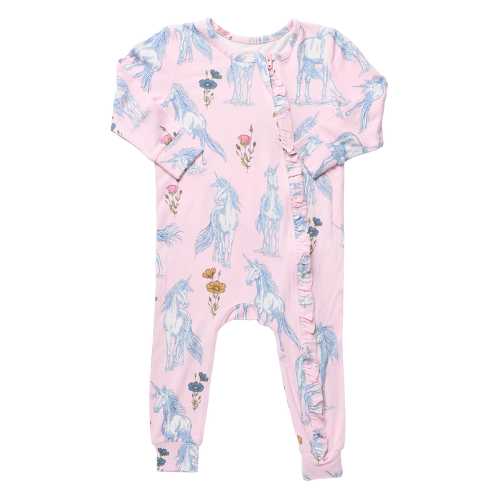 Baby Girls Ruffle Bamboo Romper - Pink Unicorn Fields