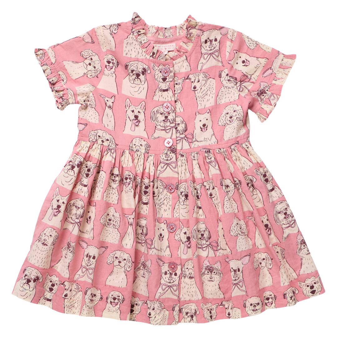 Girls Autumn Dress - Pink Sketched Dogs