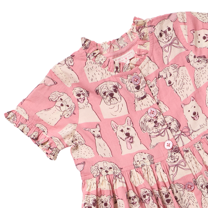 Girls Autumn Dress - Pink Sketched Dogs