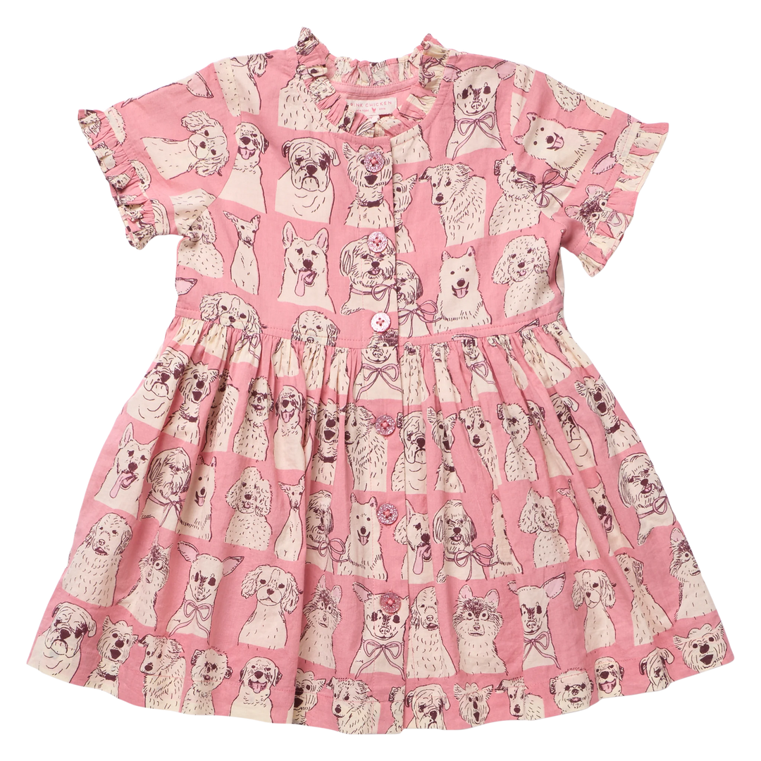 Girls Autumn Dress - Pink Sketched Dogs