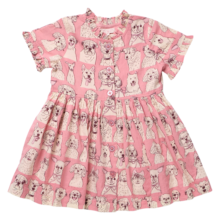 Girls Autumn Dress - Pink Sketched Dogs