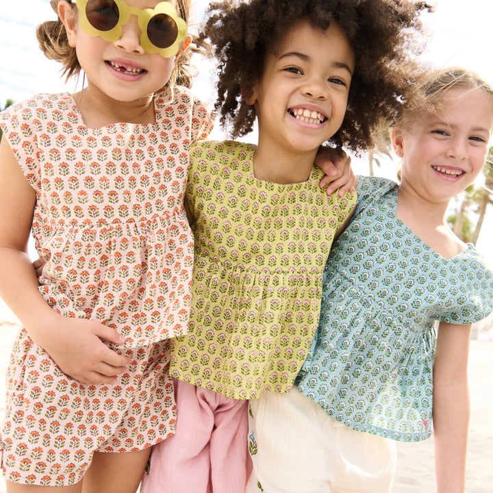 Girls Kamari Top - Green Prairie Block Print