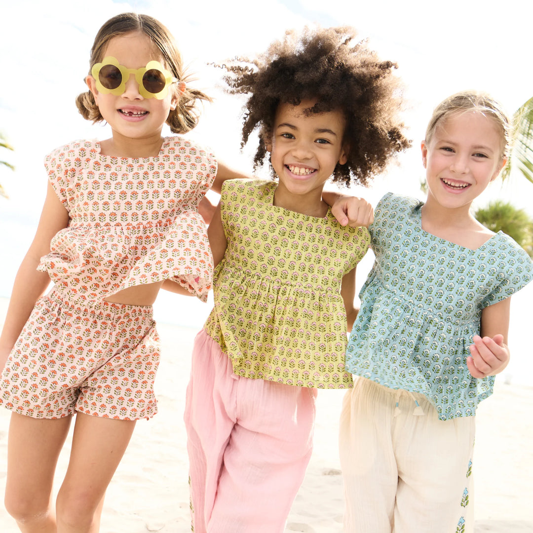 Girls Kamari Top - Pink Prairie Block Print