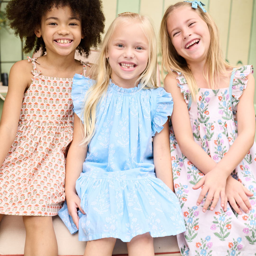 Girls Harper Dress - Blue Dewdrop Block Print