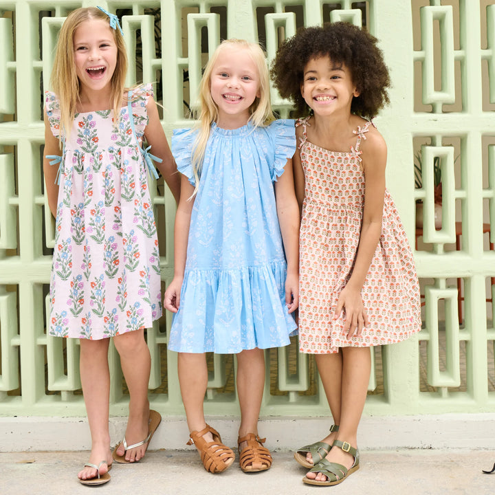 Girls Harper Dress - Blue Dewdrop Block Print