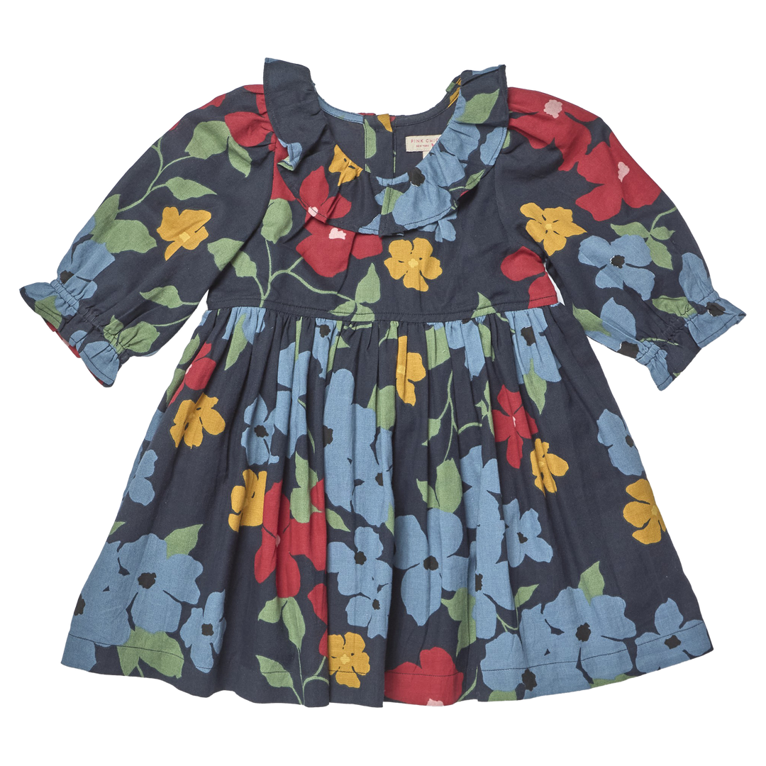 Girls Amara Dress - Navy Hibiscus Floral