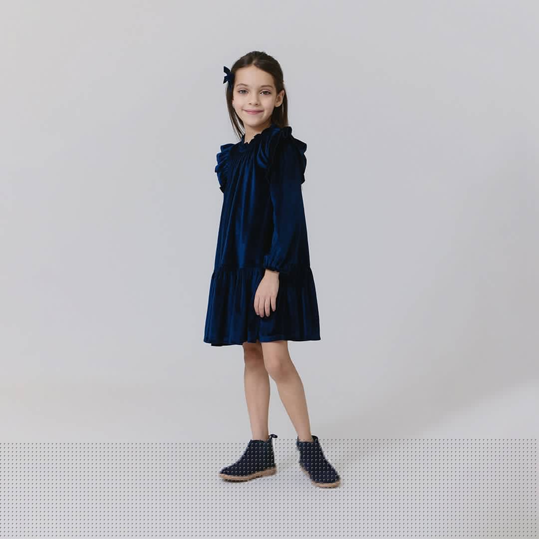 Girls Velour Harper Dress - Navy