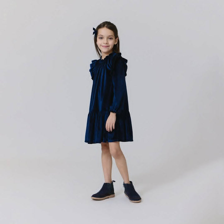Girls Velour Harper Dress - Navy