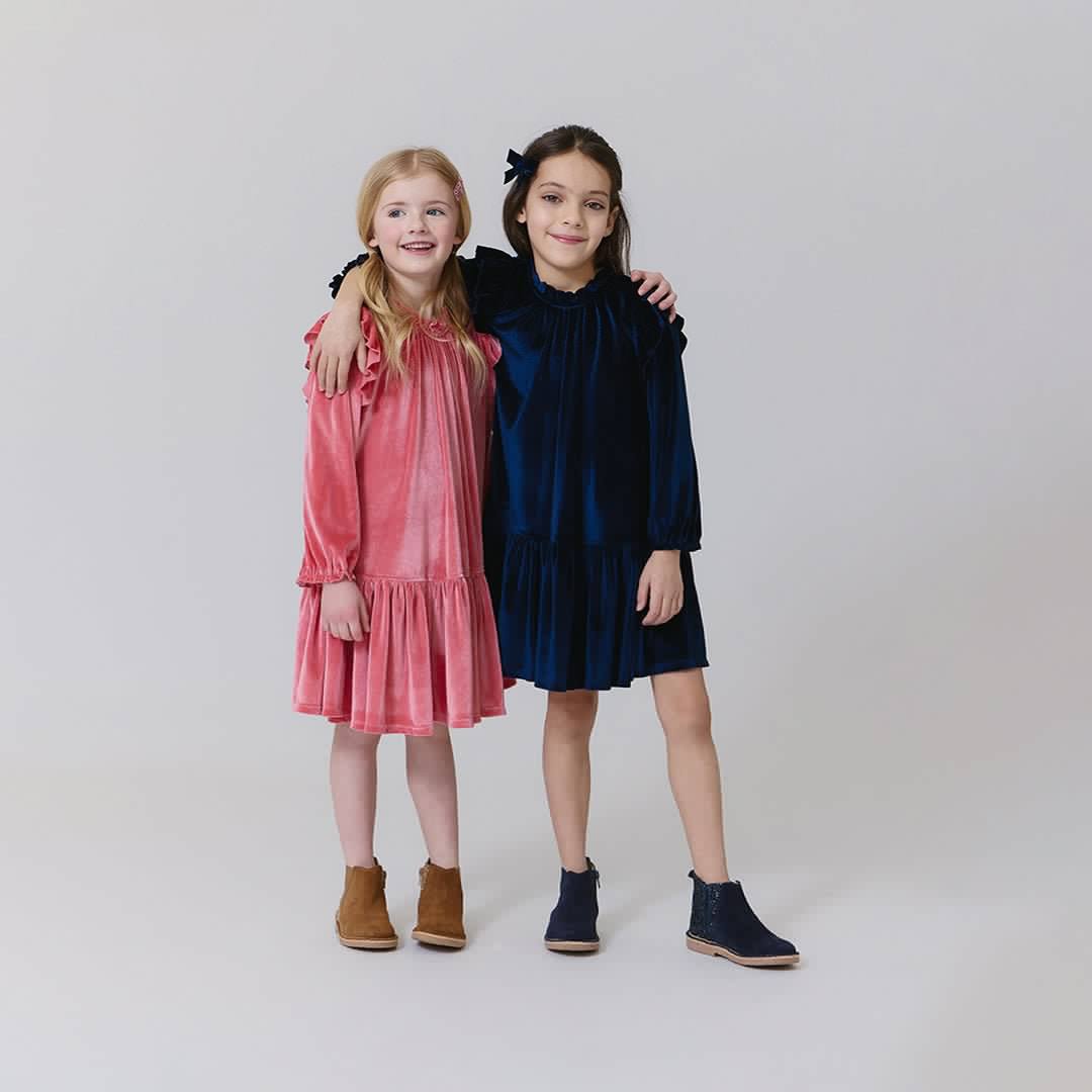 Girls Velour Harper Dress - Navy