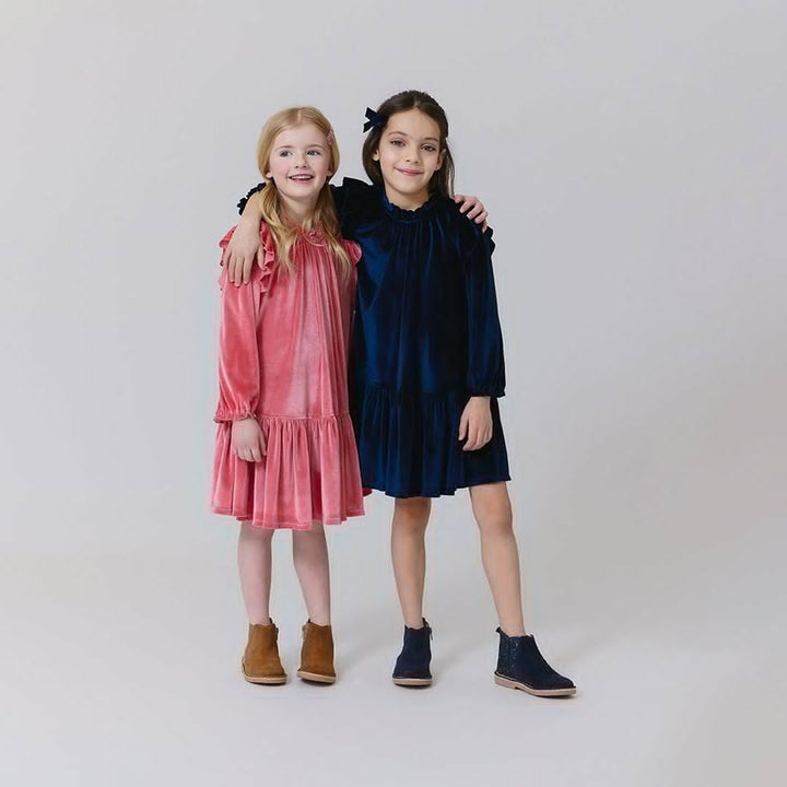 Girls Velour Harper Dress - Navy