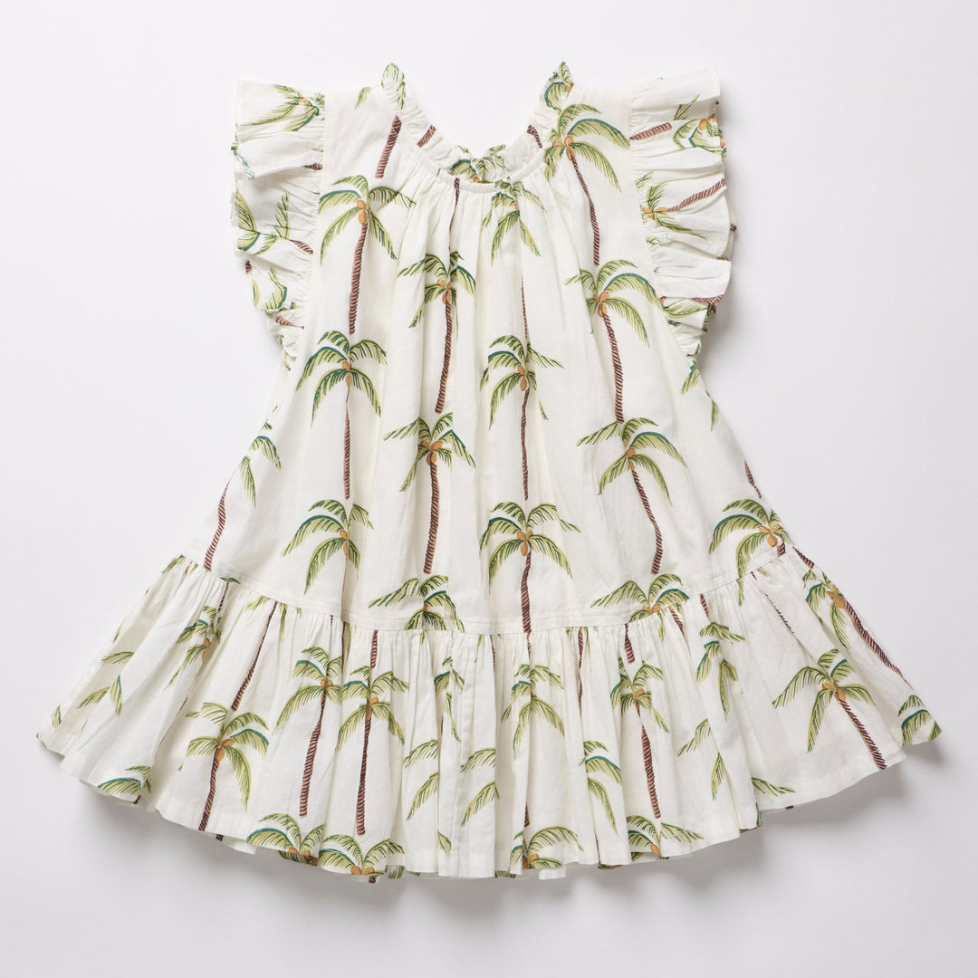 Girls Harper Dress - Cream Palm Trees
