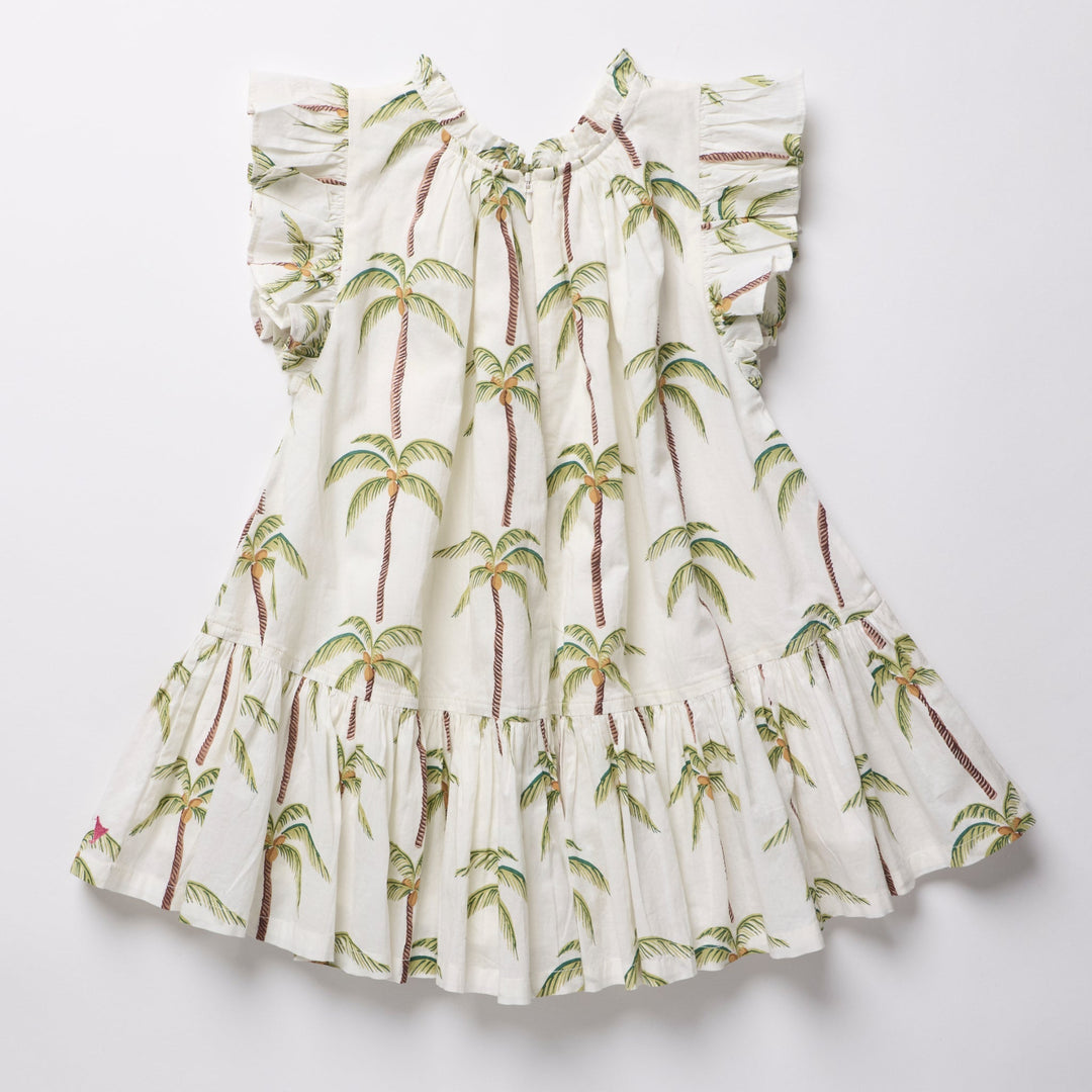 Girls Harper Dress - Cream Palm Trees