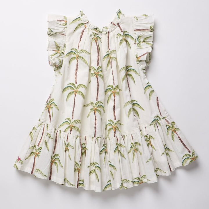 Girls Harper Dress - Cream Palm Trees