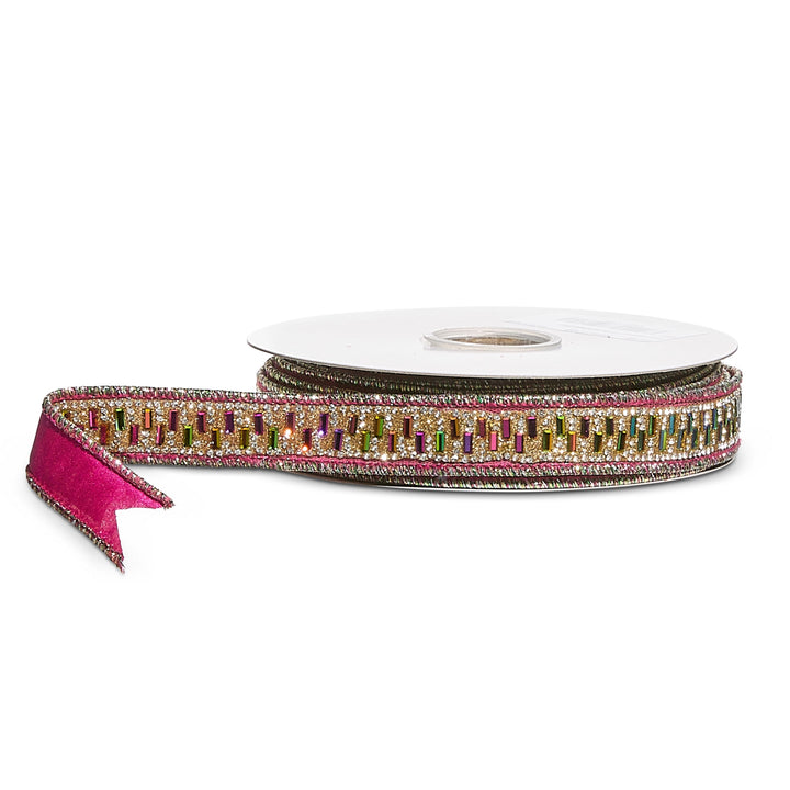 Jeweled metallic wired ribbon featuring a shimmering metallic finish with sparkling jeweled accents, perfect for Christmas trees, holiday wreaths, garlands, decorative bows, gift wrapping, floral arrangements, and elegant holiday home décor.