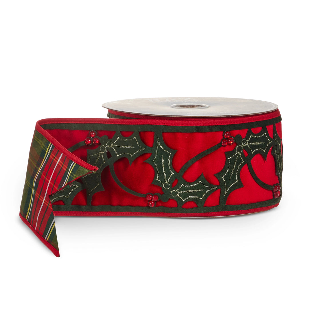 Red Velvet &amp; Plaid Holly Wired Ribbon