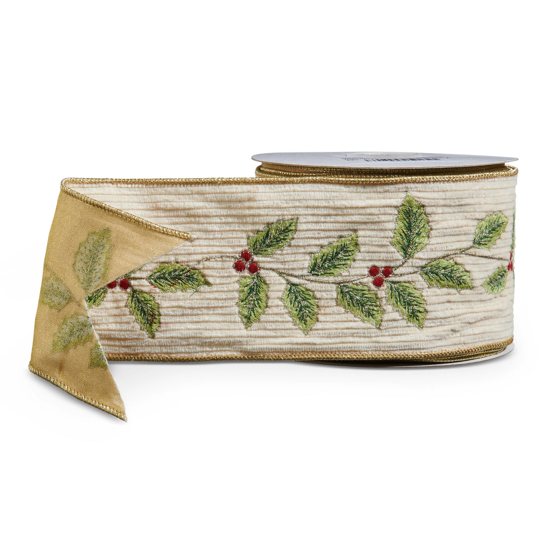 Ivory Corduroy Holly Wired Ribbon