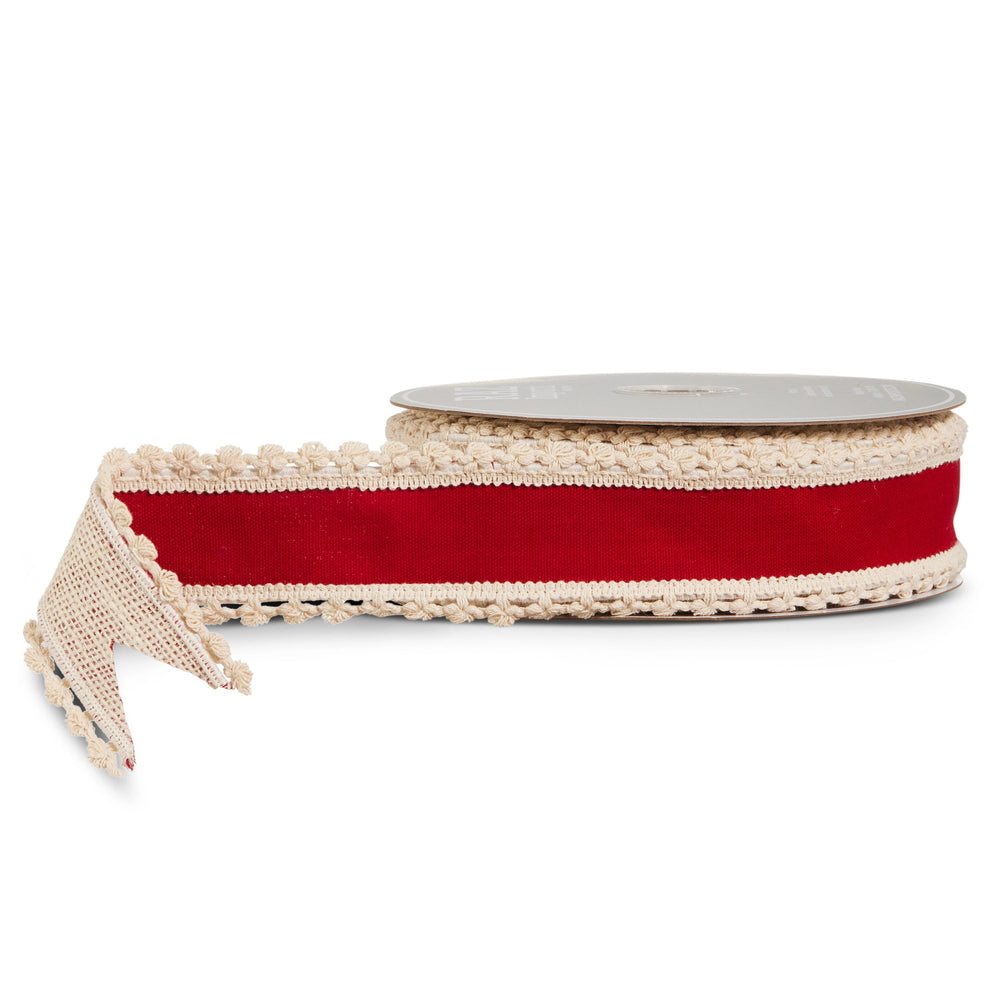 Red & Natural Fringe Edge Wired Ribbon
