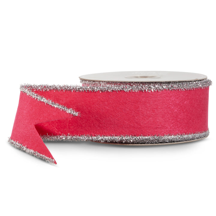 Dark Pink Felt &amp; Silver Tinsel Wired Ribbon