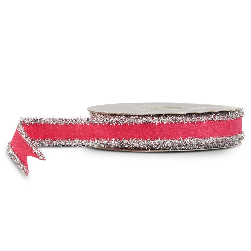 Dark Pink Felt & Silver Tinsel Wired Ribbon
