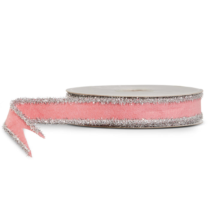 Light Pink Felt &amp; Silver Tinsel Wired Ribbon