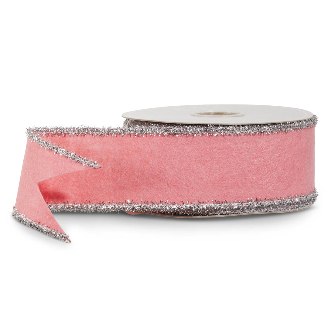 Light Pink Felt &amp; Silver Tinsel Wired Ribbon