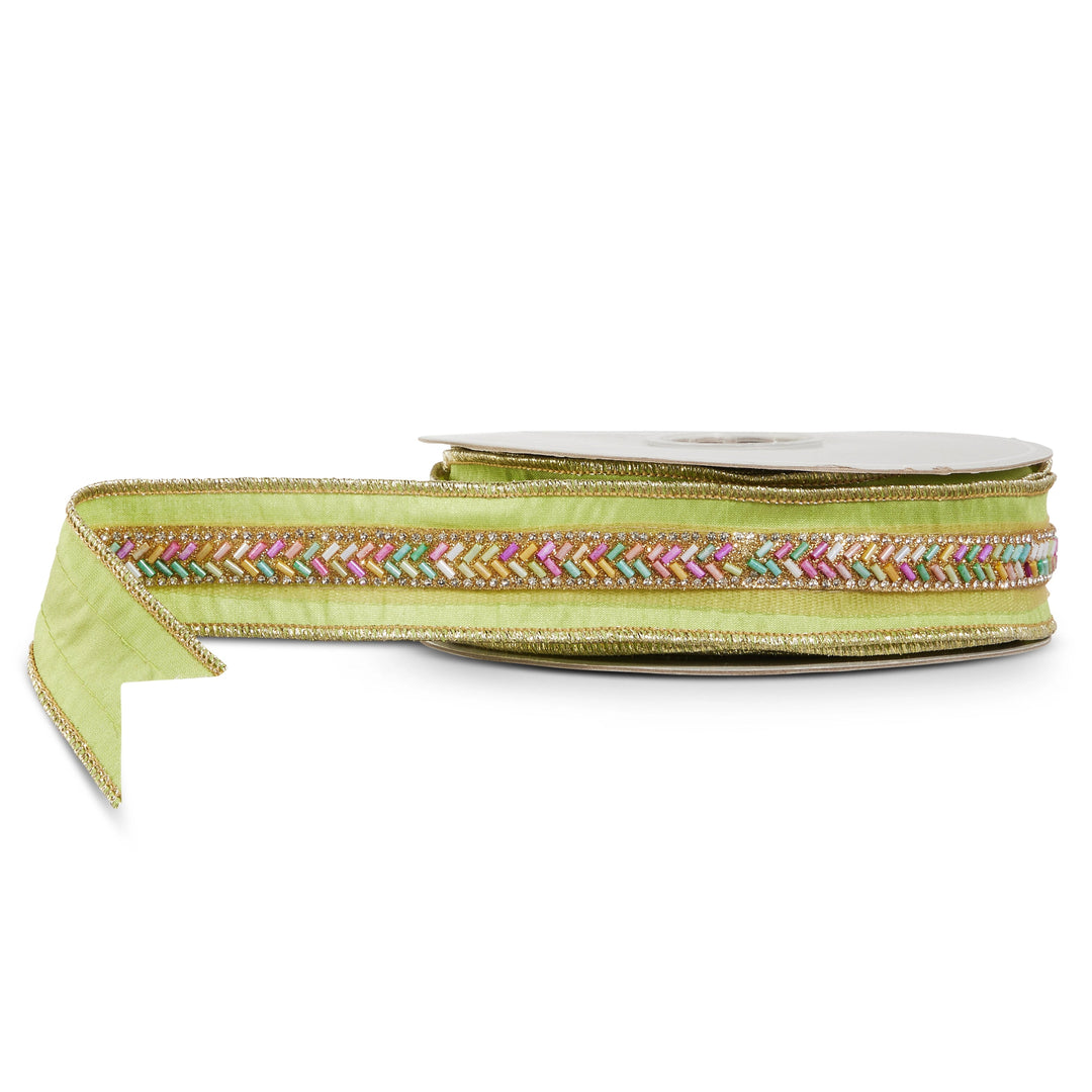 Green Multicolor Beaded Wired Ribbon