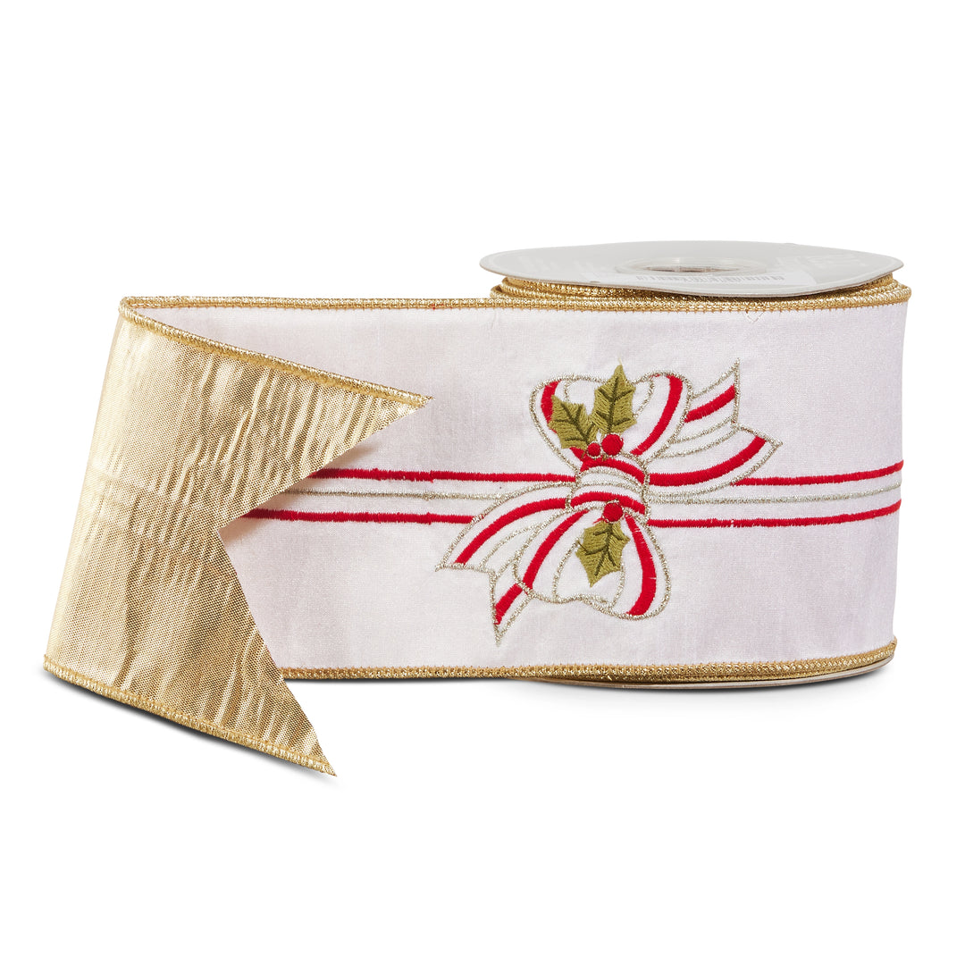 White Embroidered Bow Wired Ribbon