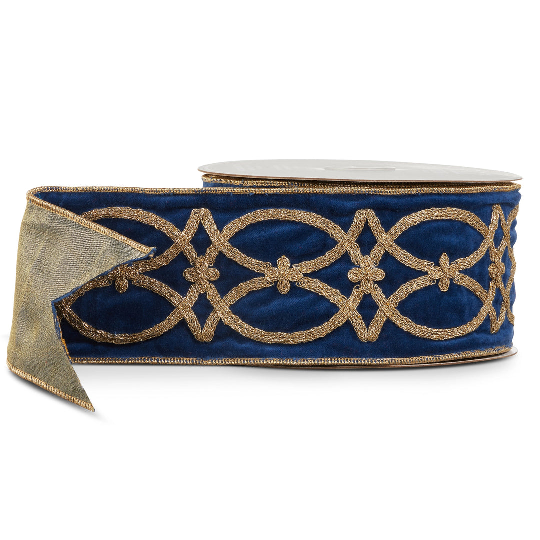 Blue Velvet &amp; Gold Embroidered Wired Ribbon