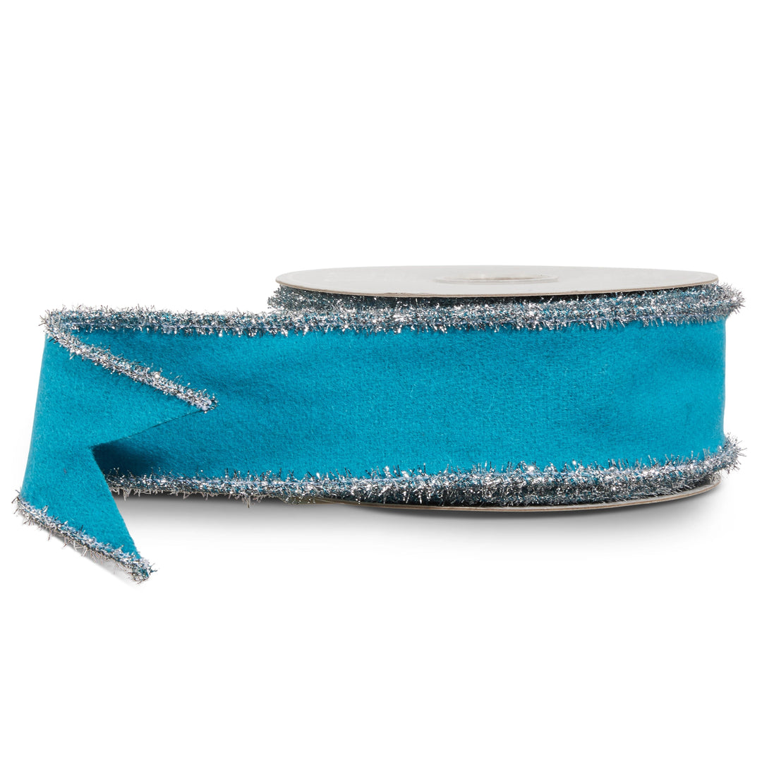 Blue Felt &amp; Tinsel Wired Ribbon