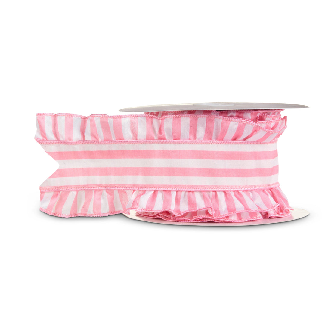 Pink &amp; White Striped Ruffle Edge Wired Ribbon