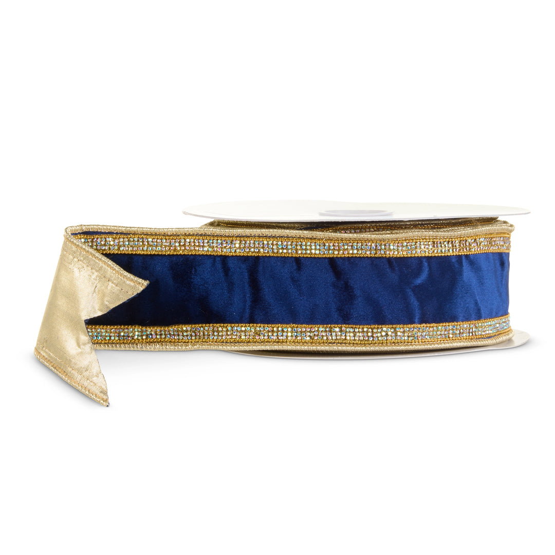 Navy Blue Velvet &amp; Gold Trim Wired Ribbon