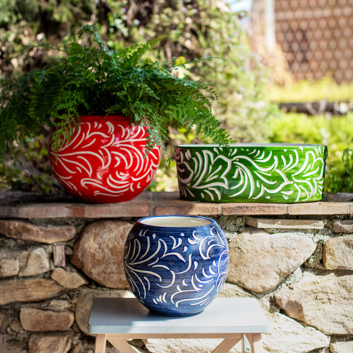 Rustic Garden Blue Scroll Small Round Planter