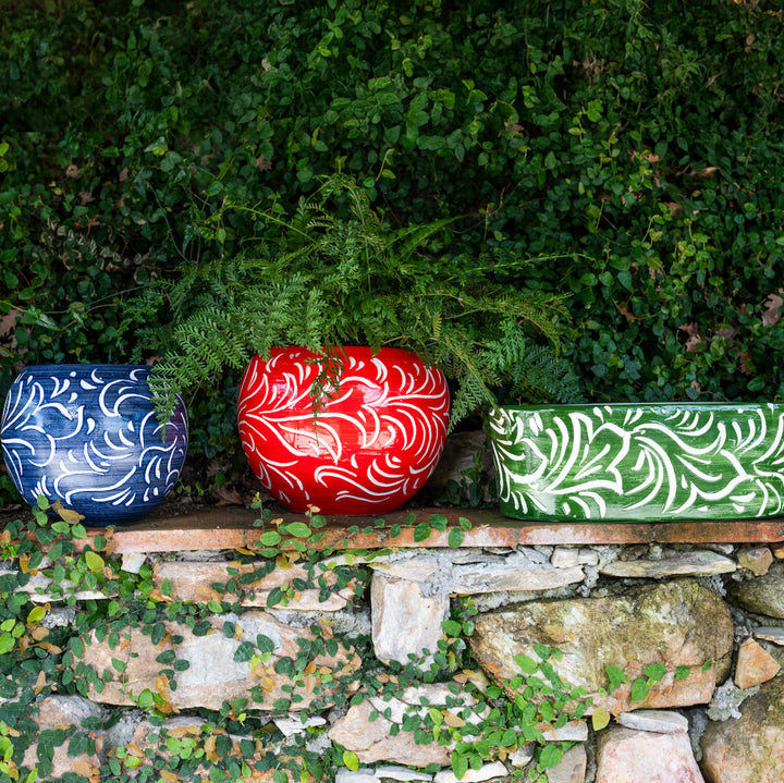 Rustic Garden Blue Scroll Small Round Planter