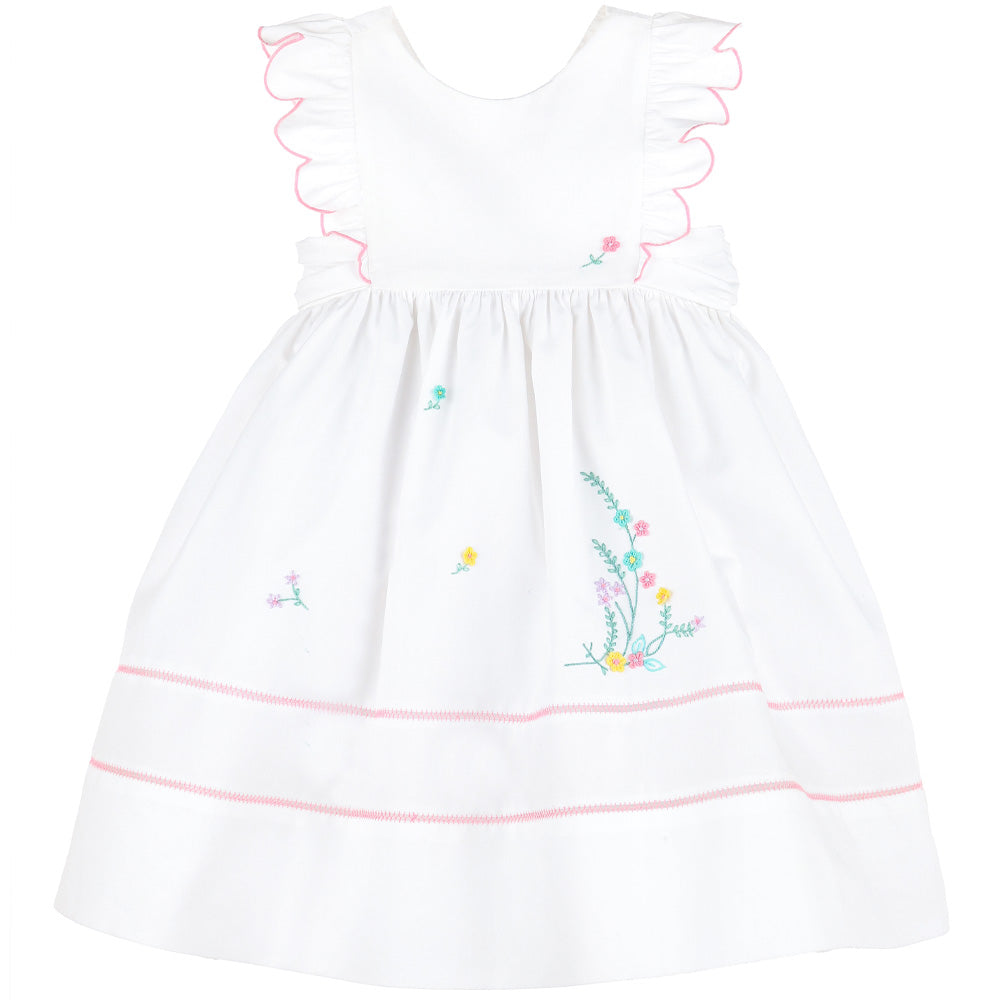 Girls White & Pink Floral Broderie Dress