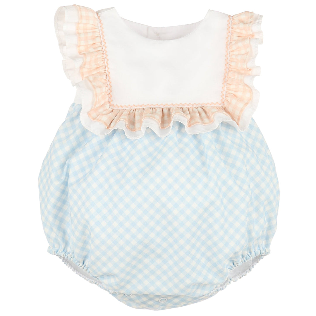 Peach and Blue Gingham Ruffle Bubble w/ Bow Back
