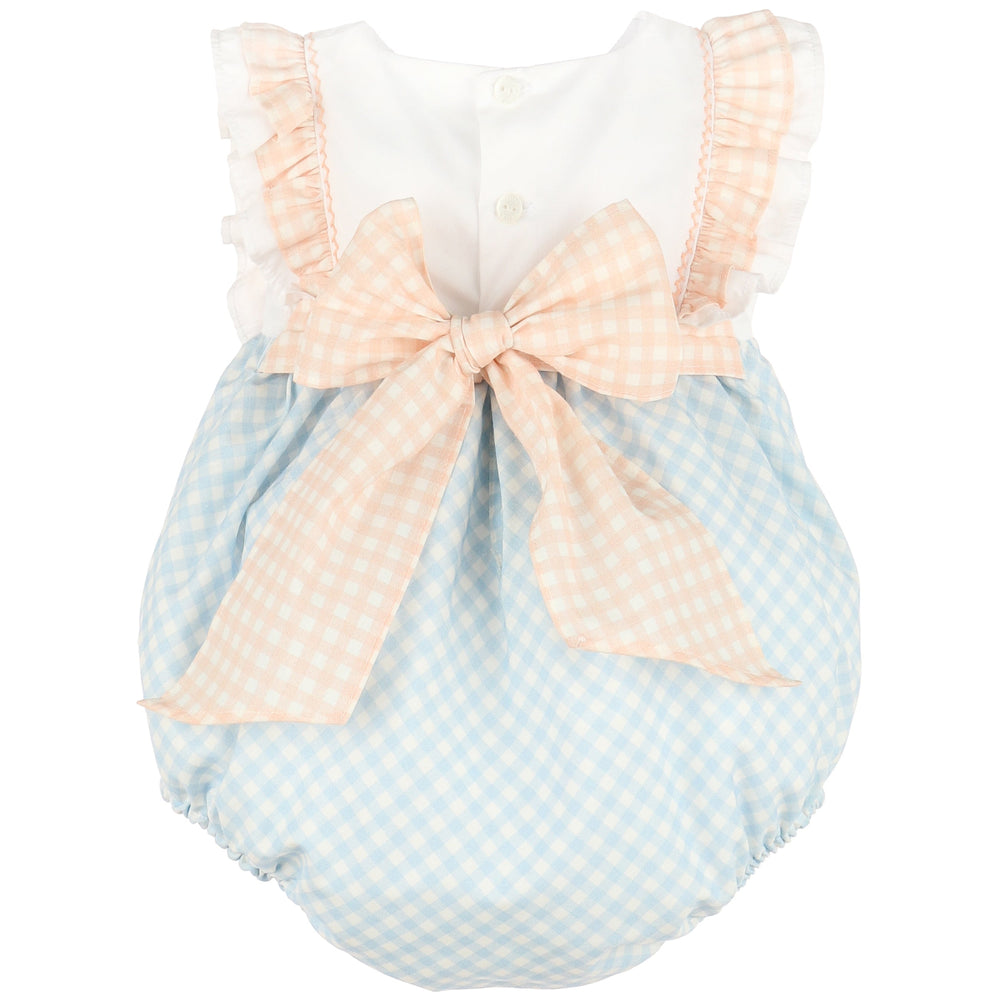 Peach and Blue Gingham Ruffle Bubble w/ Bow Back