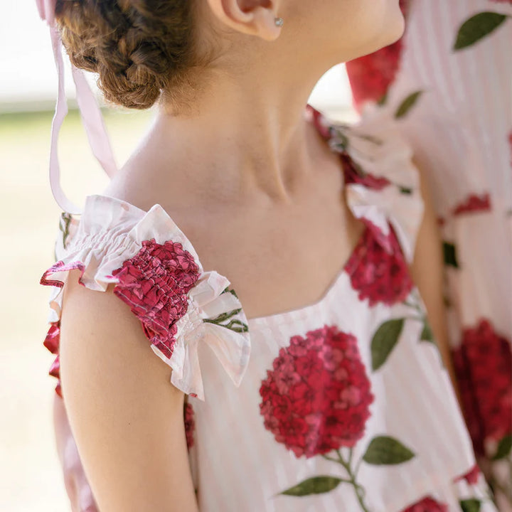 Girls Via Dress - Pink Stripe Hydrangeas