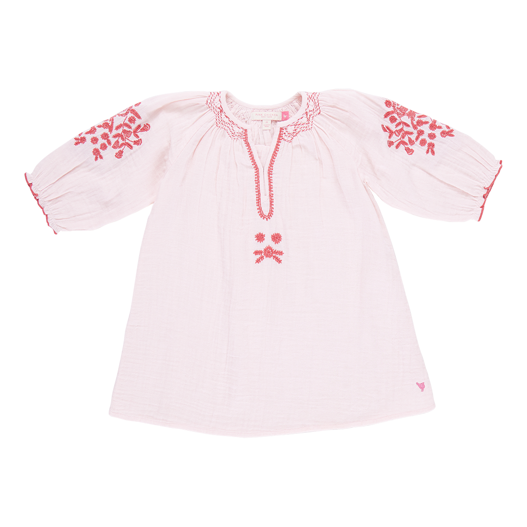 Girls Ava Dress - Strawberry Cream Embroidery